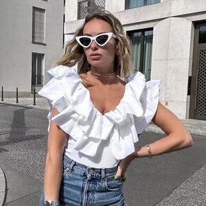 ZARA WOMAN RUFFLED BODYSUIT WHITE New large Plunging V Neck